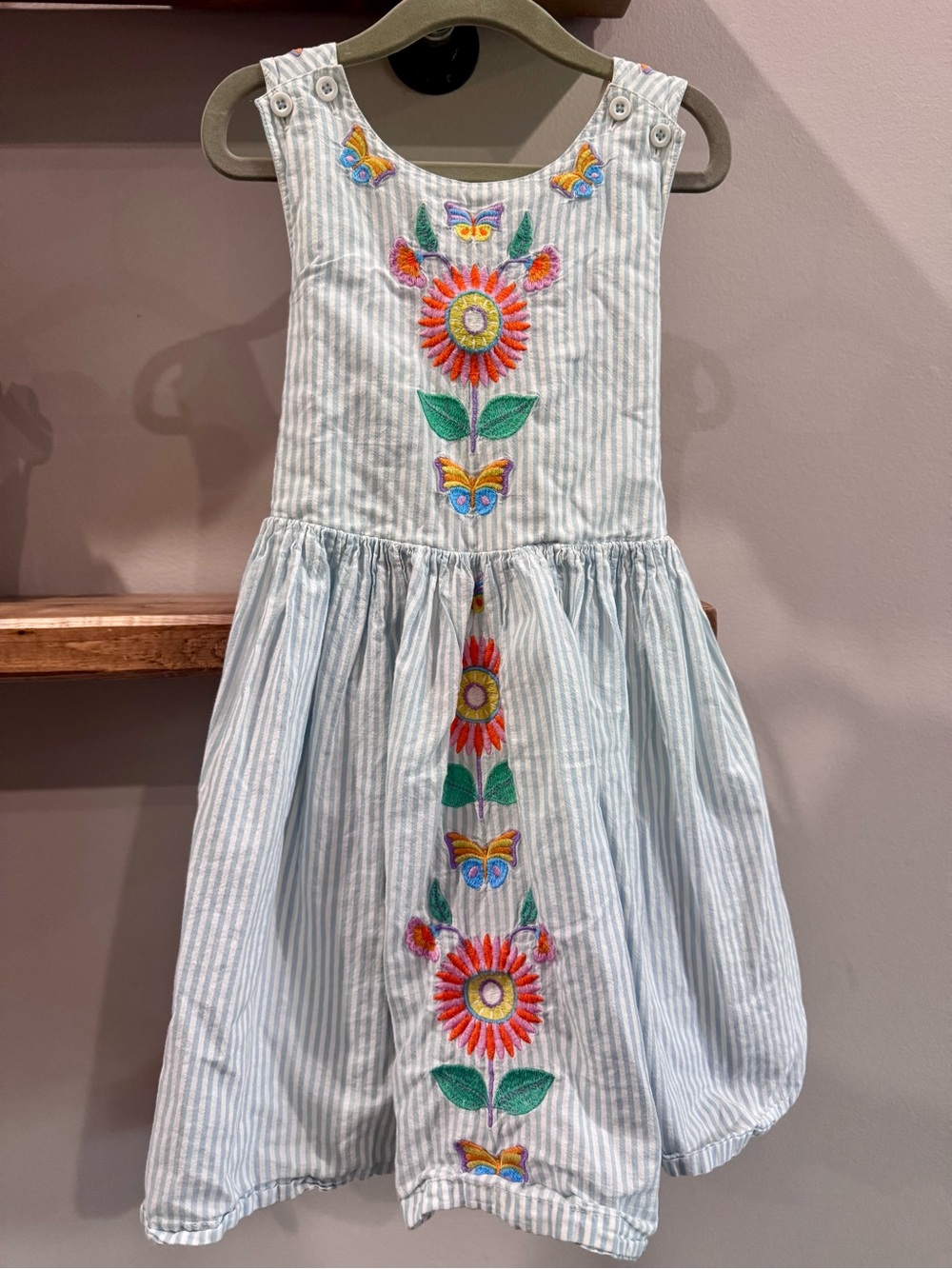 Mini Boden Light Blue Cross Back Pinafore Style Dress Bright Floral Embroidery